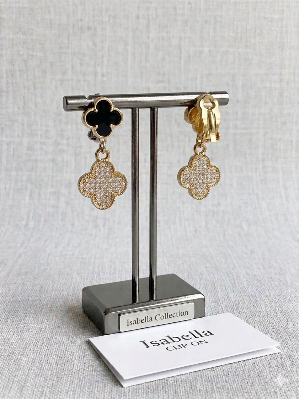Isabella M Gold Clover Clip-On Earrings with Black Accent